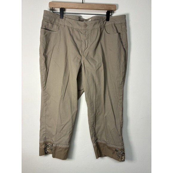 Coldwater Creek Denim - Coldwater Creek Cuffed Capri Embellished Hems Women's Size 16 Beige Pants Boho